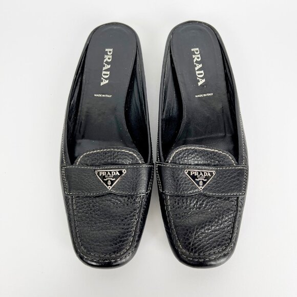 Vintage Prada 90s Y2K Leather Penny Loafer Slide Mules Slip On Flats 1990s 2000s - Picture 2 of 10